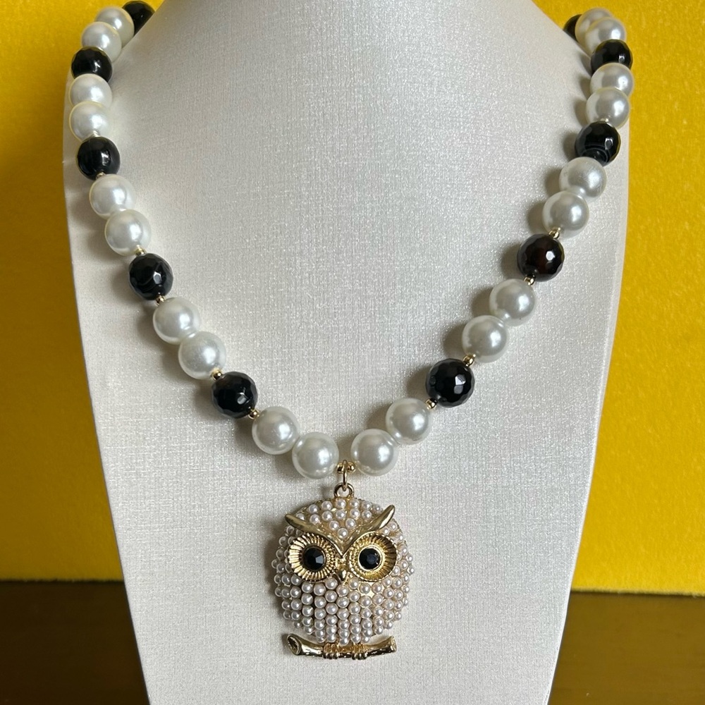 Elegant Pearl and Black Bead Owl Pendant Necklace